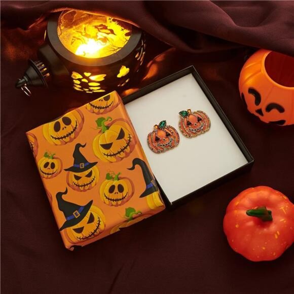 WOWORAMA Halloween Pumpkin Stud Earrings | Smiling Face with Rhinestones. - Picture 5 of 5